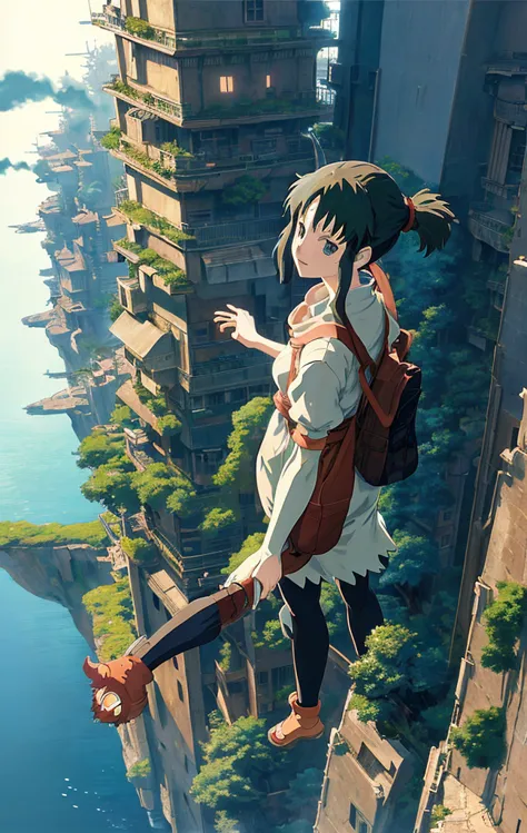 ((anime style ghibli)), ((photorealistic)), extremely detailed, an aerial view from the top of a skyscraper in a dense, futurist...