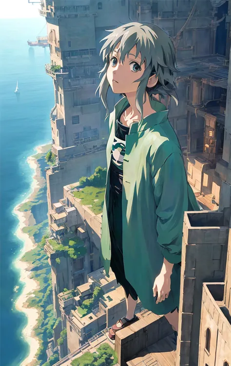 ((anime style ghibli)), ((photorealistic)), extremely detailed, an aerial view from the top of a skyscraper in a dense, futurist...