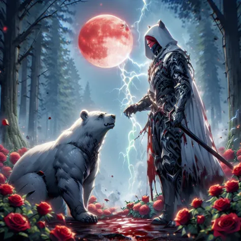 dynamic picture where a man with a white hood with bear ears and a katana sits riding a big polar bear in a forest while the blo...