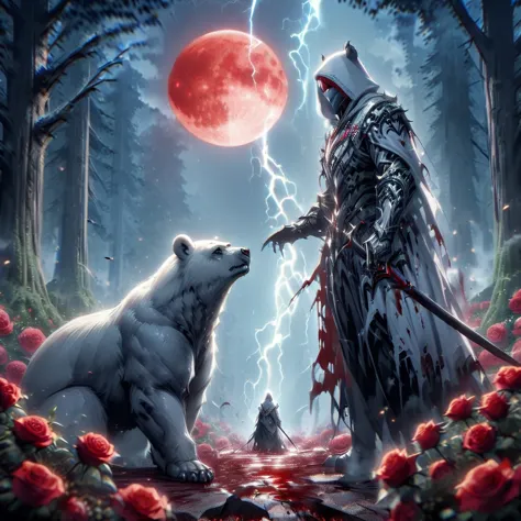 dynamic picture where a man with a white hood with bear ears and a katana sits riding a big polar bear in a forest while the blo...