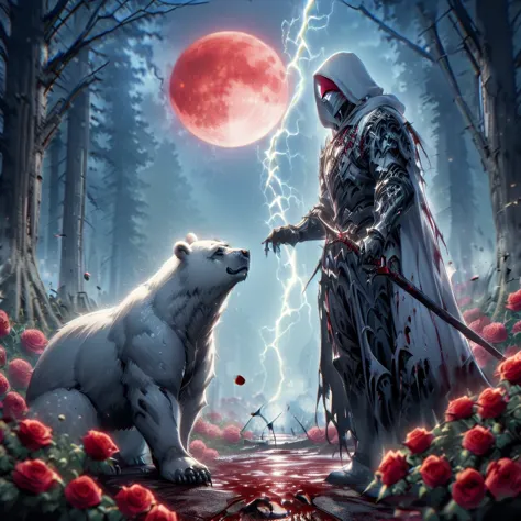 dynamic picture where a man with a white hood with bear ears and a katana sits riding a big polar bear in a forest while the blo...