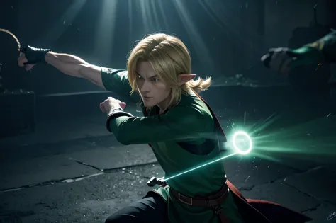 in a dimly lit, shadowy room, a blonde link is depicted in a dynamic pose, skillfully evading an incoming attack from an unseen ...