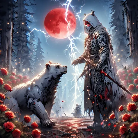 dynamic picture where a man with a white hood with bear ears and a katana sits riding a big polar bear in a forest while the blo...