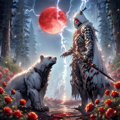 dynamic picture where a man with a white hood with bear ears and a katana sits riding a big polar bear in a forest while the blo...