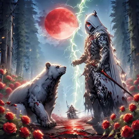 dynamic picture where a man with a white hood with bear ears and a katana sits riding a big polar bear in a forest while the blo...