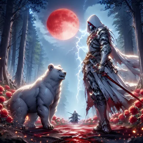 dynamic picture where a man with a white hood with bear ears and a katana sits riding a big polar bear in a forest while the blo...