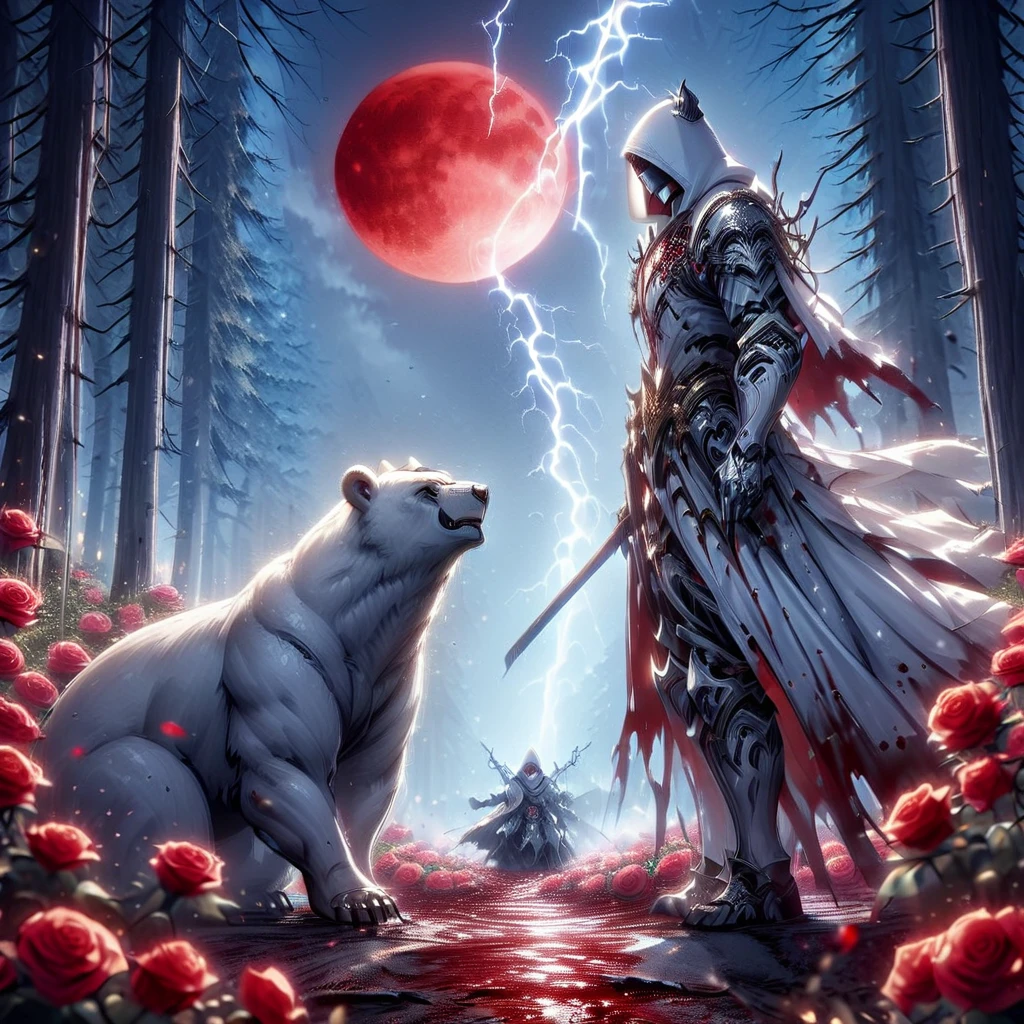 Dynamic picture where a man with a white hood with bear ears and a katana sits riding a big polar bear in a forest while the blood moon shines, many Roses cover the ground and lightning falls from the sky. The man wears a red blindfold.