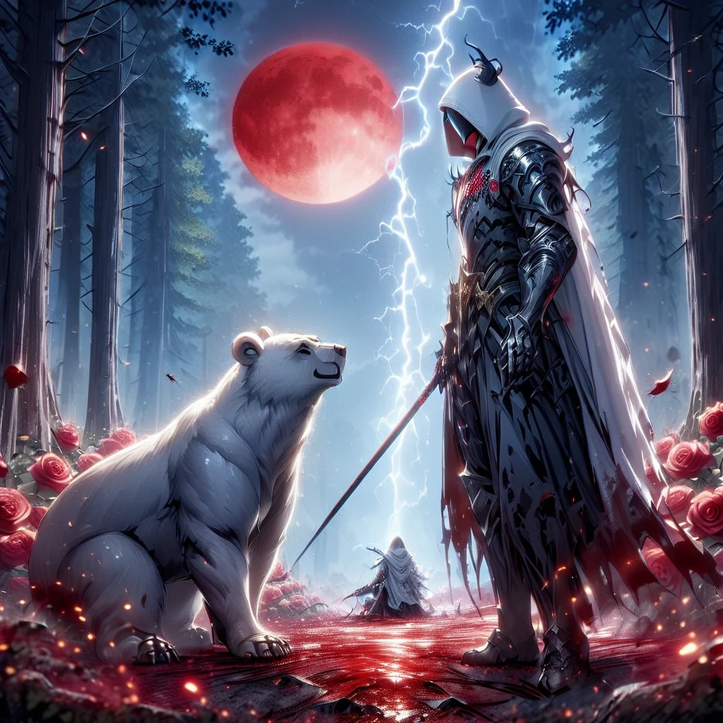 Dynamic picture where a man with a white hood with bear ears and a katana sits riding a big polar bear in a forest while the blood moon shines, many Roses cover the ground and lightning falls from the sky. The man wears a red blindfold.