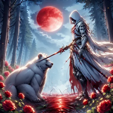 dynamic picture where a man with a white hood with bear ears and a katana sits riding a big polar bear in a forest while the blo...