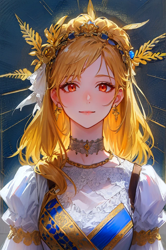 (shoujo-style, shoujo, romance manhwa), 1girl, detailed hair, masterpiece, blonde hair, red eyes, solo, jewelry, earrings, long hair, looking at viewer, white background, portrait, smile, collarbone, red lips, choker, simple background, makeup, hair ornament, lace, necklace, dress, gem, lipstick, lace trim, upper body, closed mouth, eyelashes, lace choker, wavy hair (Highres), 8K, Detailed, Ambient Light, Digital Art, Soft Lighting, (Hyper-Detailed Background:1.2), (((masterpiece))), (highest quality), ((perfect face)), (cinematic lighting), best quality, realistic background, highres, (intricate details), detailed finger, extremely detailed, intricate, award-winning, hyper-detailed, hard lighting, intricate details, (illustration:1.1), highres, trending on artstation