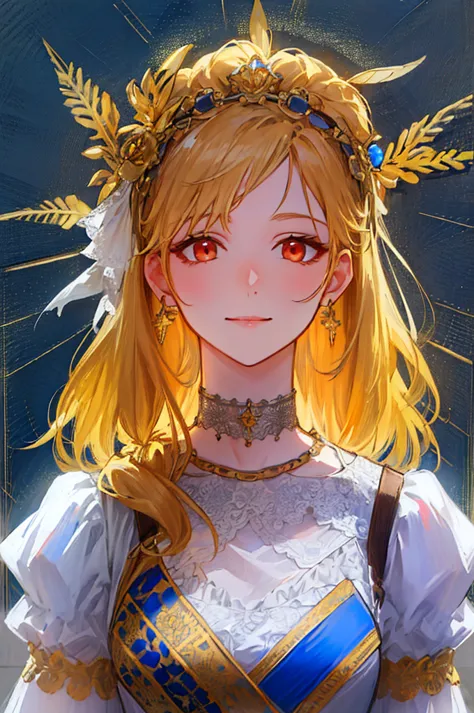 (shoujo-style, shoujo, romance manhwa), 1girl, detailed hair, masterpiece, blonde hair, red eyes, solo, jewelry, earrings, long ...