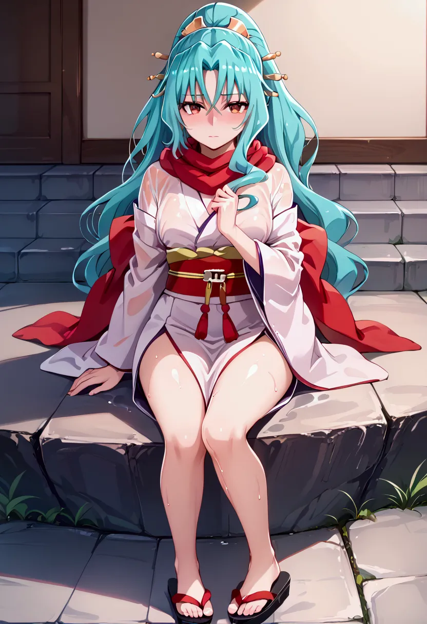 tomoe (red scarf, kimono (pink or green), red eyes, aqua hair (if necessary not often required)), blush, shy, seductive pose wet...