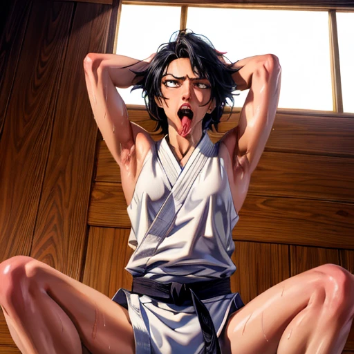 ((((masterpiece, best quality, high resolution)))), Extremely detailed 8K, 1 female, wearing a white Karate gi, (ahegao),white eyes, Small breasts,full body, kneeling, tired, (muscle:1.4), japanese clothes,  No underwear,No eyeballs, Facing the audience, looking at the audience, tired, from below, (Exposed armpit:1.1), ((armpit:1.2)), sexy, Sweating, More and more sweat,(ahegao), (Roll your eyes),  open mouth, Sticking out tongue, saliva, Slobber,Skinny, raise arms, (arms above head:1.5)(Ultra HD, Ultra-detailed, Highly detailed, Highly realistic, Ultra-realistic, photograph realistic), (1girl:1.5), (Realistic black hair), (dynamic poses), facing at camera, looking at viewer, (slightly serious face), (perky breasts:1.2), (beautiful detailed face, beautiful detailed eyes), ((worn out karate gi)), (preparing for a fight), sweat, glow, (sunbeam, sunlight), ((cowboy shot)), inside a training gym, seductive, EnvyBetterHands LoCon,