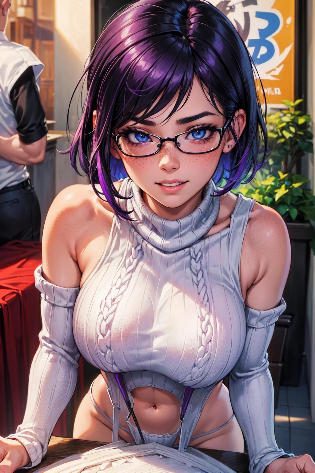 1girl, extremely detailed portrait, beautiful young girl, purple hair, blue eyes, short hair, freckles, framed eyeglasses, heart shaped choker, happy expression, smiling, blushing, thick full lips, gigantic breasts, extreme cleavage, very thin body, virgin destroyer sweater, sleeveless, bare arms, high heels, detailed bedroom background, (best quality,4k,8k,highres,masterpiece:1.2),ultra-detailed,(realistic,photorealistic,photo-realistic:1.37),vibrant colors,soft lighting