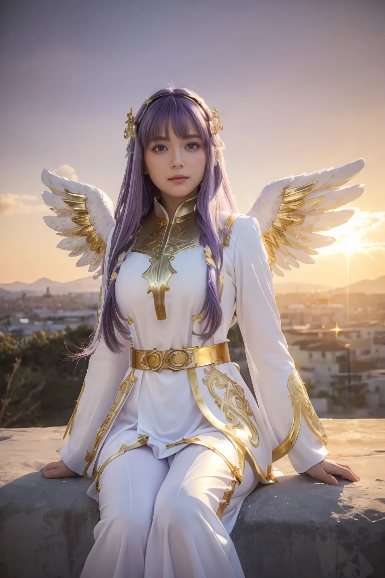 ((masterpiece, Highest quality, Very detailed), Volumetric lighting, Ambient Occlusion, colorful, Shine), 
One girl, alone, Young girl, (Purple Hair), Long Hair, Hello, aura, sacred, goddess, Cleric Suit, (White outfit with gold details:1.3), Angel Wings,
Outdoor, sunset, null, cloud, null間, (Fantasy Theme:1.2),