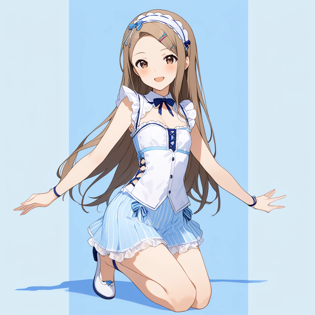 (Full Body Shot:1.5), (Kneeling pose), 
(masterpiece), (Highest quality), (High resolution), (Very detailed), (Best illustrations), Best Shadow, (so beautiful:0.5), (very cute), 

(Minase Iori),  girl, 
Dark brown hair, Long Hair, amount, Hair Clip, Brown eyes, hair band, 
smile, Shyness, Pitiful, 
Small breasts, Round Breasts, Iris, round face, 

Perfect limbs, Perfect Anatomy, Thin legs, Five perfect fingers, Big eyes, Iris, (slender), Tight waist, 
Delicate and smooth skin, Beautiful Skin, Textured skin, Attractive body, 
smile, 恥ずかしそうなsmile, 
 
Backless maid outfit, Short skirt, ribbon, 
Blue striped underwear, White frilly underwear, 小さいribbonが付いてる下着,

(Blue background:2.0), (Blue Studio), 