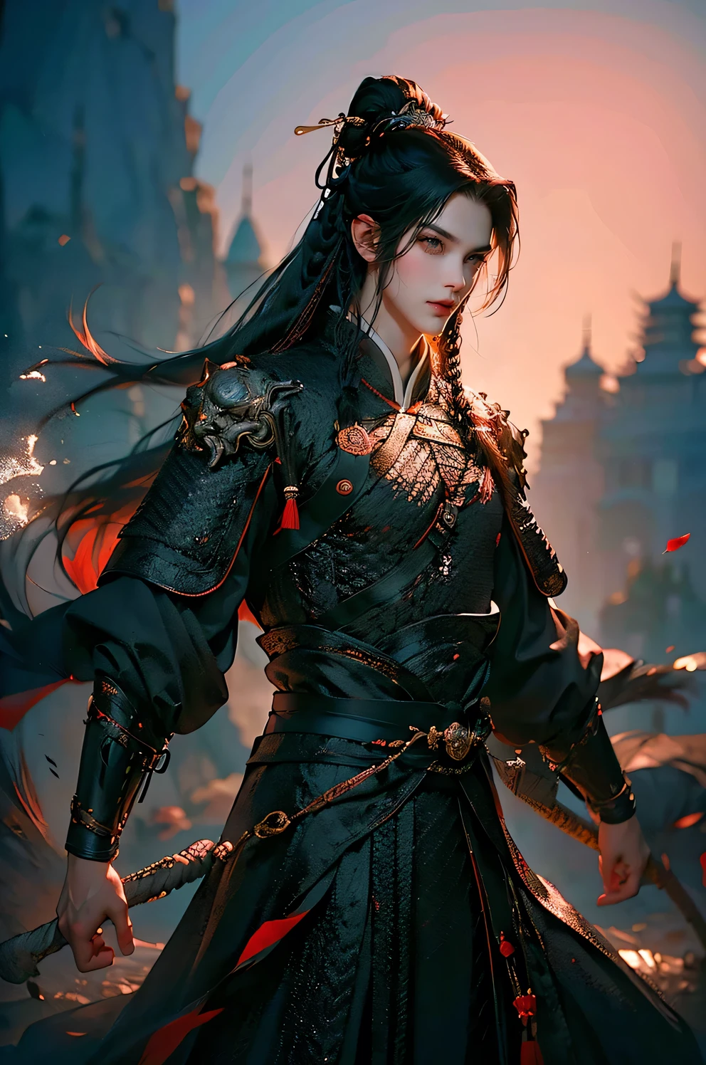 a man with long braided black hair trançado, black eyes, thoughtful pose, traditional Chinese clothing, (best quality,4k,8k,highres,masterpiece:1.2),ultra-detailed,(realistic,photorealistic,photo-realistic:1.37),intricate details, dramatic lighting, cinematic composition, rich color palette, moody atmosphere
