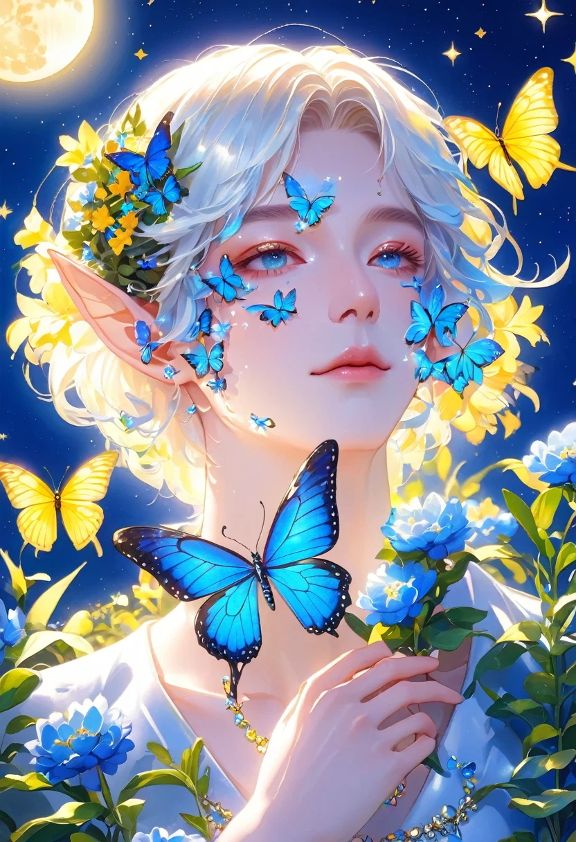 animal,blue butterfly,blue flower,bug,butterfly,butterfly hair ornament,butterfly on hand,butterfly wings,elf,facial mark,fairy,flower,glowing butterfly,jewelry,leaf,moon,necklace,plant,pointy ears,portrait,solo,star \(sky\),star \(symbol\),starry sky,white butterfly,yellow butterfly,yellow flower