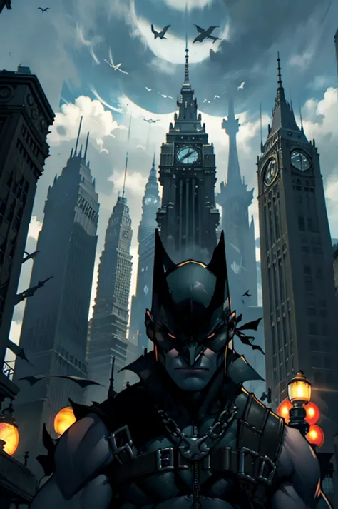 gotham city: describe gotham as a dark city, almost alive, where shadows seem to extend further than normal. how the city affect...