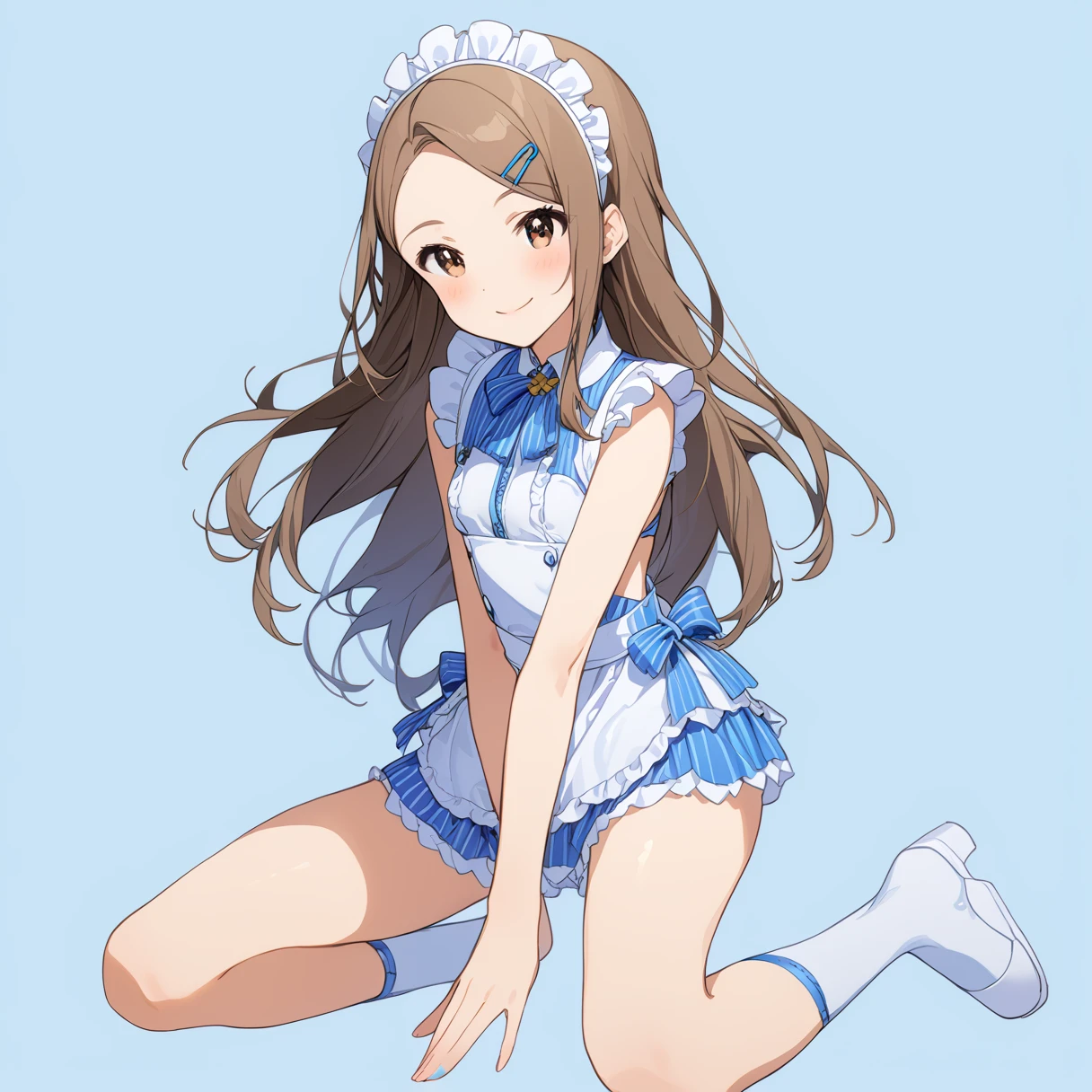 (Full Body Shot:1.5), (Kneeling pose), 
(masterpiece), (Highest quality), (High resolution), (Very detailed), (Best illustrations), Best Shadow, (so beautiful:0.5), (very cute), 

(Minase Iori),  girl, 
Dark brown hair, Long Hair, amount, Hair Clip, Brown eyes, hair band, 
smile, Shyness, Pitiful, 
Small breasts, Round Breasts, Iris, round face, 

Perfect limbs, Perfect Anatomy, Thin legs, Five perfect fingers, Big eyes, Iris, (slender), Tight waist, 
Delicate and smooth skin, Beautiful Skin, Textured skin, Attractive body, 
smile, 恥ずかしそうなsmile, 
 
Backless maid outfit, Short skirt, ribbon, 
Blue striped underwear, White frilly underwear, 小さいribbonが付いてる下着,

(Blue background:2.0), (Blue Studio), View from the front,  