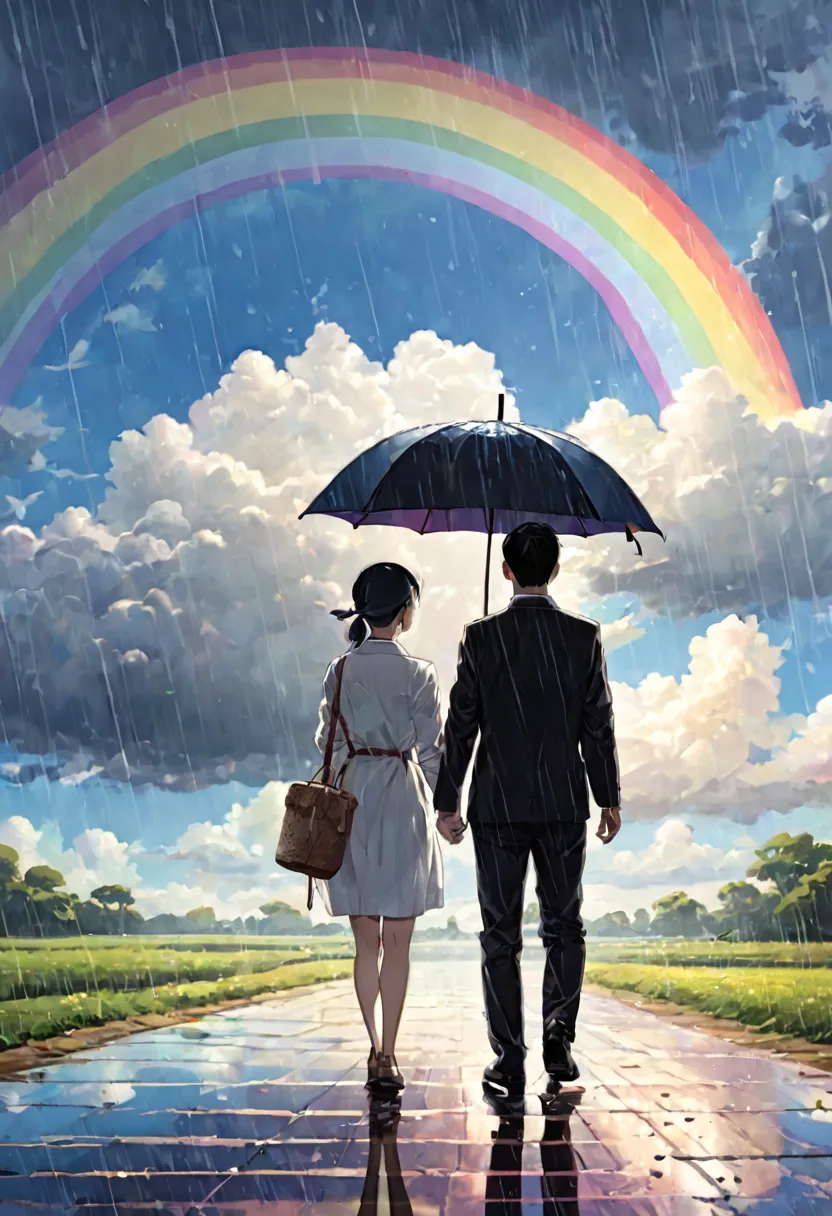 rain、matching umbrella、rainbow in the sky