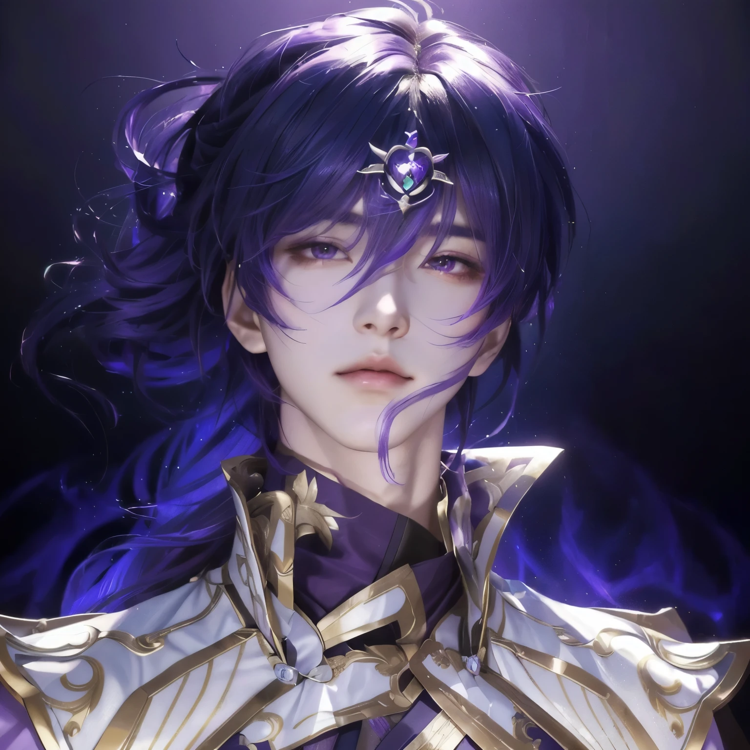 a close up of a person with a purple hair and a purple dress, keqing from genshin impact, heise jinyao, zhongli from genshin impact, by Yang J, portrait knights of zodiac boy, detailed digital anime art, highly detailed exquisite fanart, handsome guy with glowing purp