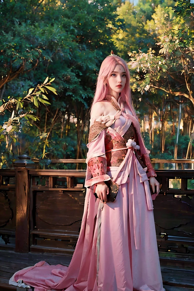 a beautiful woman with long pink hair and green eyes, traditional chinese clothing, chinese imperial princess, traditional dress, tang dynasty, sakura, garden with imperial palace in background, detailed face, high quality, hyper realistic, 8k, photo realistic, intricate details, delicate colors, dramatic lighting, elegant pose, cinematic composition
