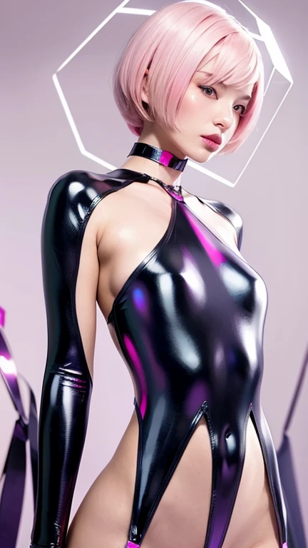 A beautiful attractive woman with short hair, full body portrait, in the style of Moebius, full of pink and white hexagons in the background, with a futuristic sci-fi aesthetic style, simple details, minimalism, black lines, clean pictures. The skin is white, there is a tattoo pattern on her body, and she has an extremely delicate face that resembles floating glass. A sense of mystery, soft lighting, ultra-high definition images, and a cool color tone. She is wearing, 32k ,uhd