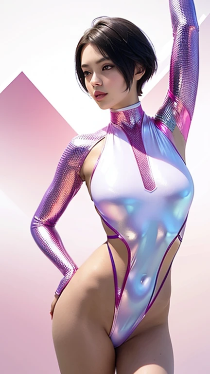 A beautiful attractive woman with short hair, full body portrait, in the style of Moebius, full of pink and white hexagons in the background, with a futuristic sci-fi aesthetic style, simple details, minimalism, black lines, clean pictures. The skin is white, there is a tattoo pattern on her body, and she has an extremely delicate face that resembles floating glass. A sense of mystery, soft lighting, ultra-high definition images, and a cool color tone. She is wearing, 32k ,uhd