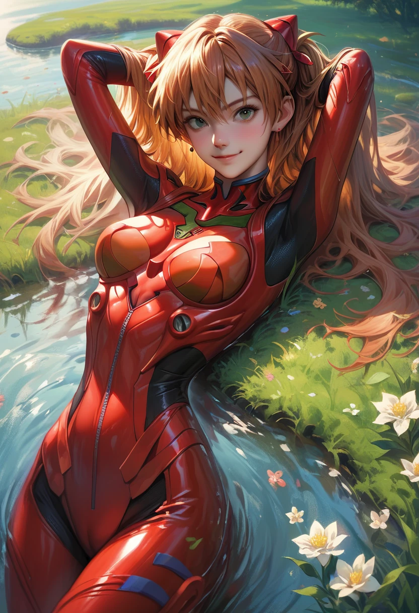 score_9, score_8_up, score_7_up, 4n1v3rs3, Asuka Langley Souryuu, laying on back, green grass, expanse of colorful flowers, cowboy shot, red plugsuit, lake background, detailed face, light smile, hands behind the head, from front
