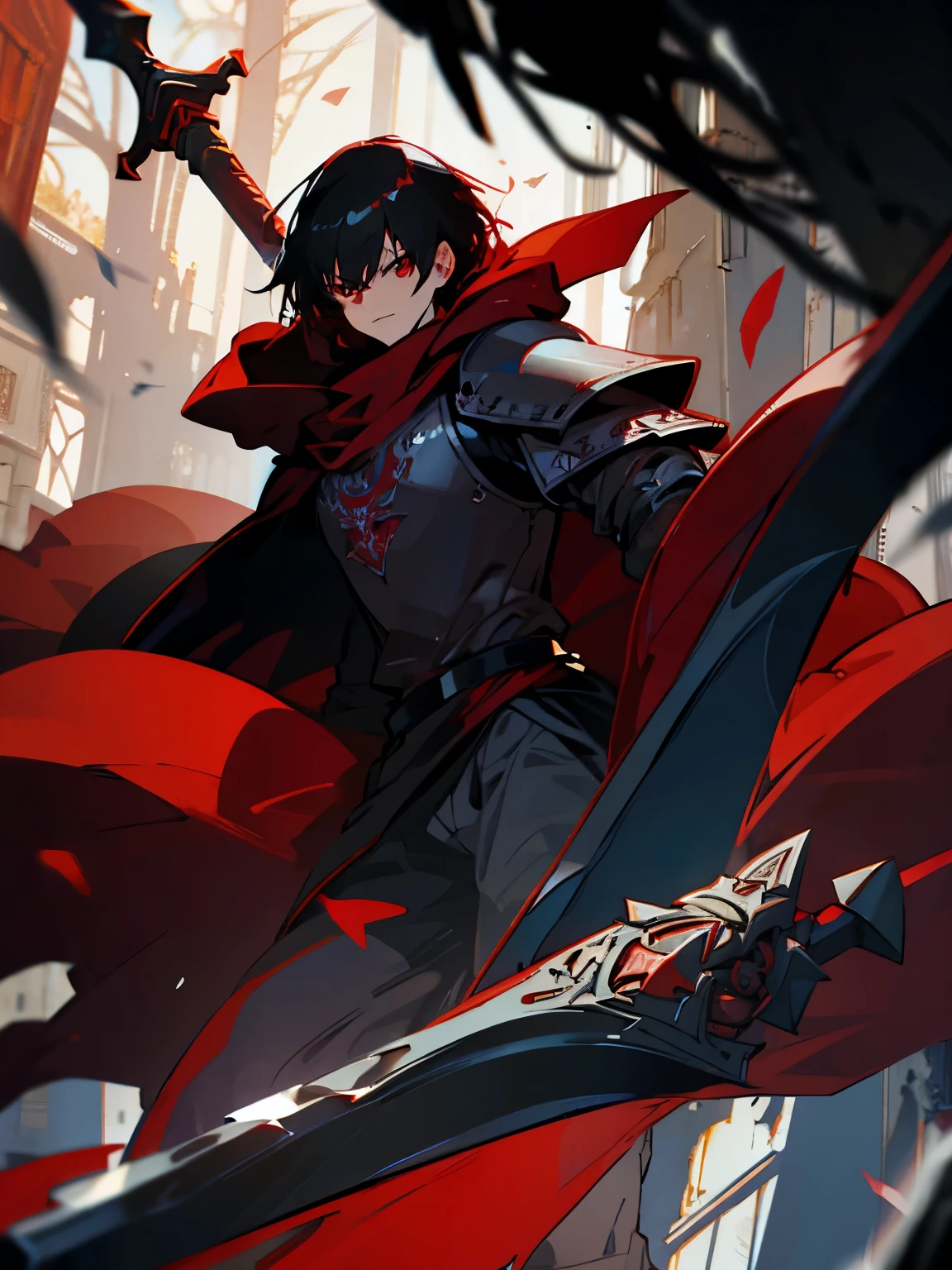 Knight, man, black hair, red eyes, black iron armor, red cloak, giant axe, cool.