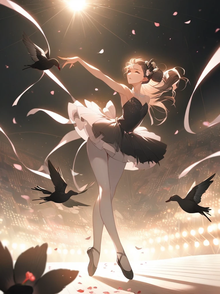 Girl ballerina black swan. Tragic scene, dynamic pose, stage lighting, flower petals in the air, absurdity