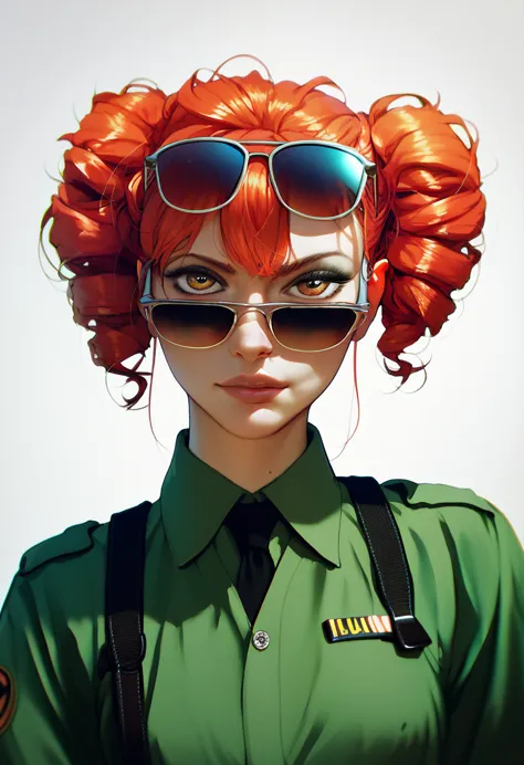 kasane teto, red hair, tactical millitary outfit, aviator sunglasses