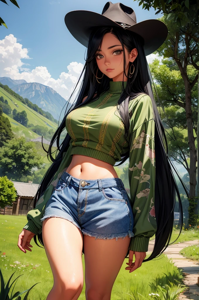 Cowgirl Goddess Beautiful Woman: Named Clarissa, appearing around 40 years old, depicted in an oil painting style. She has long black hair, very large breasts, and is wearing a cow-patterned crop top, She has a perfect face with black eyes, and a large butt. She is standing in a lush green meadow, exuding a serene yet captivating presence. The image should be highly detailed, 8k resolution, and capture the essence of a masterpiece, set in a picturesque and tranquil landscape.