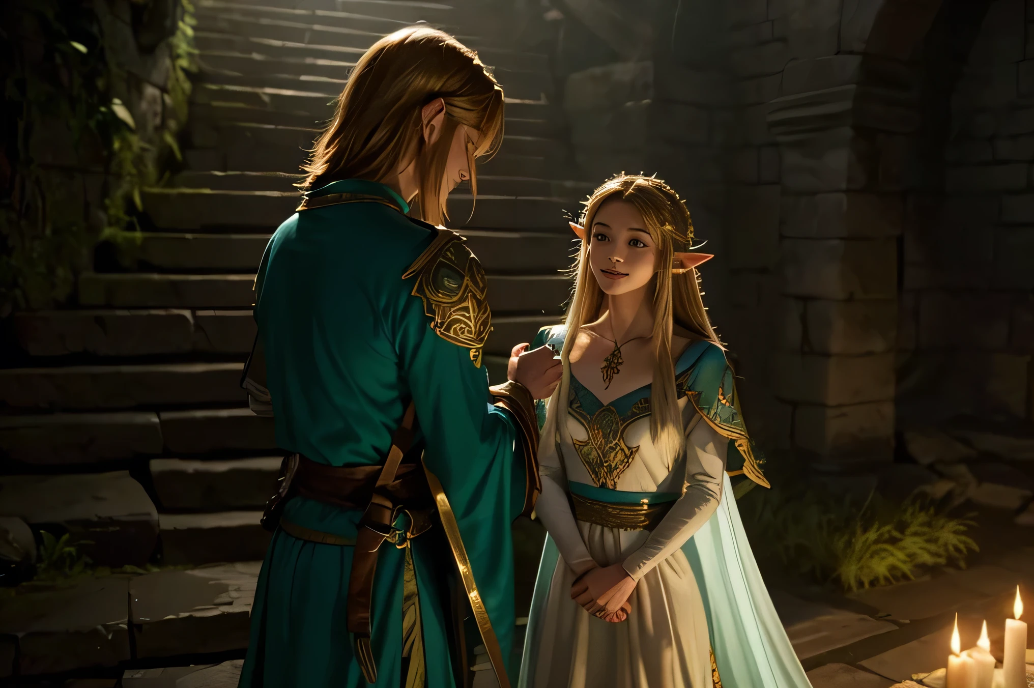 In a dimly lit dungeon, Link stands with a slight, relieved smile on his face as he watches Princess Zelda, who is dressed in a regal white gown with gold embroidery. Zelda's expression is one of gratitude and relief. The background features the grimy, stone walls of the dungeon, with a faint light from a torch or lantern casting shadows. Link's facial features are detailed, with his sharp blue eyes and slightly tousled brown hair. His green tunic and elven attire contrast with the dark, oppressive atmosphere of the dungeon. Link's posture is relaxed, reflecting his sense of accomplishment and relief after rescuing Zelda. The scene captures the moment of triumph and relief in the midst of a tense and challenging environment.