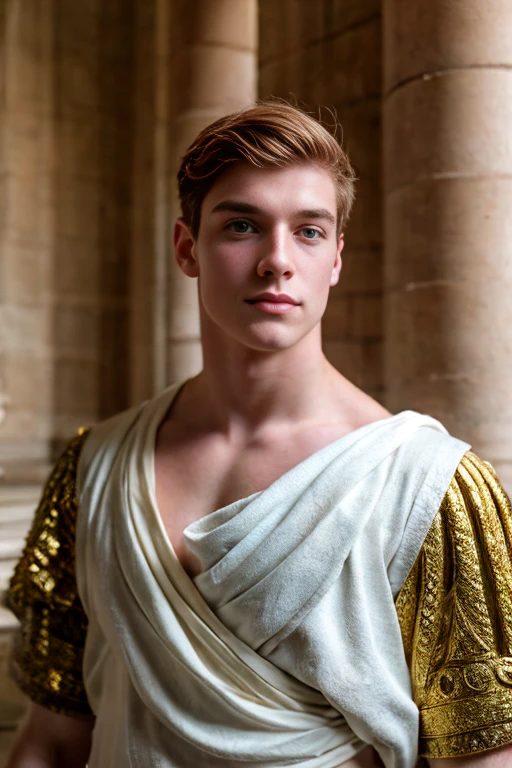 Portrait of a handsome young man, Roman emperor, red hair, wearing Roman emperor clothes, handsome boy, magnanimous, power, ruler, symmetry, boy in the center, focus on the boy, classical era, ancient Rome, luxury, the most handsome boy, symmetry, male beauty, laurel wreath, golden laurel wreath, Caesar, pale skin