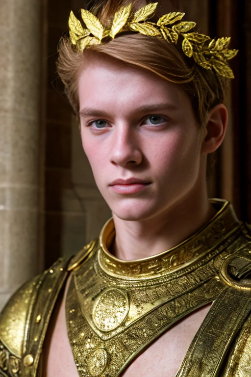 Portrait of a handsome young man, Roman emperor, red hair, wearing Roman emperor clothes, handsome boy, magnanimous, power, ruler, symmetry, boy in the center, focus on the boy, classical era, ancient Rome, luxury, the most handsome boy, symmetry, male beauty, golden laurel wreath, Caesar, pale skin