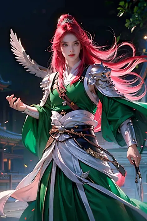 a man with long dark cherry pink hair and green eyes wearing chinese armor over traditional tang dynasty clothing, emerald and s...