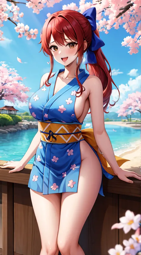 ​masterpiece, best quality, highres, nami (a piece), long hair, red hair, low ponytail, hairbow, blue ribbon, brown eyes, collar...