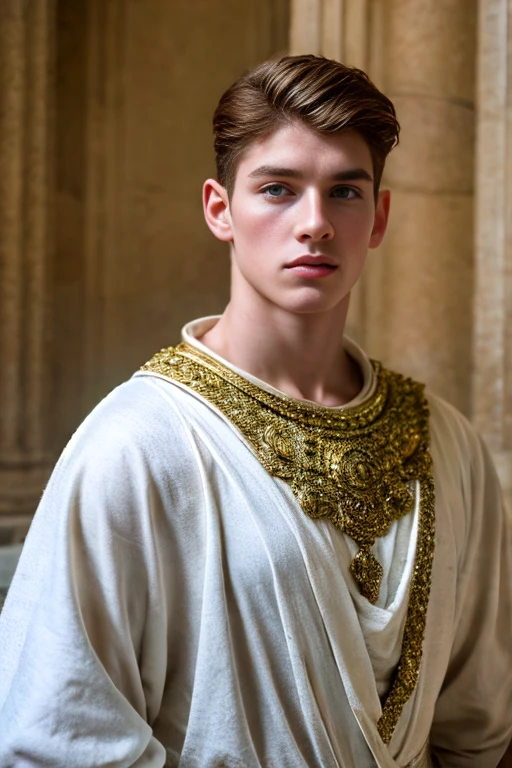 Portrait of a handsome young man, Roman emperor, red hair, wearing Roman emperor clothes, handsome boy, magnanimous, power, ruler, symmetry, boy in the center, focus on the boy, classical era, ancient Rome, luxury, the most handsome boy, symmetry, male beauty, Caesar, pale skin