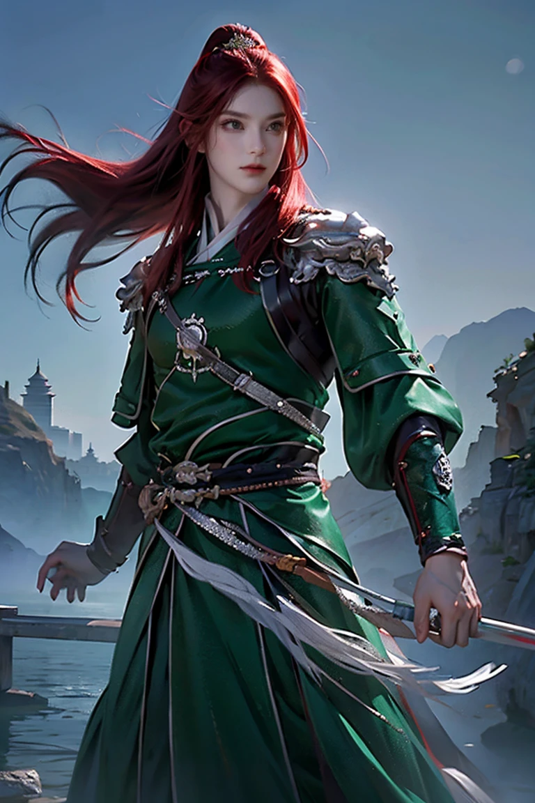 a man with long dark red hair and green eyes wearing Chinese armor over traditional Tang dynasty clothing, emerald and silver tones, bringing power and peace to the image, (best quality, 4k, 8k, high resolution, art - prime: 1.2) , ultra detailed, (realistic, photorealistic, photorealistic: 1.37), extremely detailed eyes and face, long eyelashes, intricate armor details, traditional Chinese robes, flowing hair, emerald and silver color palette, powerful and serene expression, lighting dramatic, cinematographic composition, award-winning digital art
