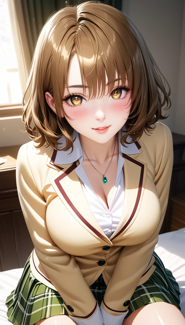 (masterpiece,ultra-detailed,best quality,8K,CG,realistic,illustration:1.2),(perfect-composition,detailed beautiful face,Clean skin,photographical skin,shiny skin,shiny hair, photographical hair,ultra detailed eyes,shaved,kawaii,uncensored:1.1),medium hair, 1girl, solo, brown hair, brown eyes,large breast,winter school uniform, yellow blazer, buttoned blazer,plaid skirt, green skirt,open collared shirt ,pendant,socks ,blushing,serious smile , glossy lips ,sitting on bed edge ,arms spread,luxury room,full body, front view