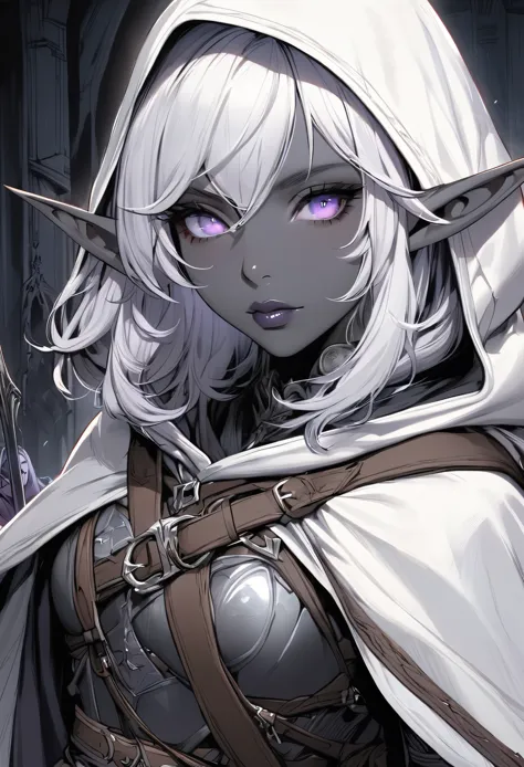 drow,  pointed ears, single, elf, hood, skin color, i look at the audience, long silver hair, cloak, dark elf, hood up, e.g, hoo...