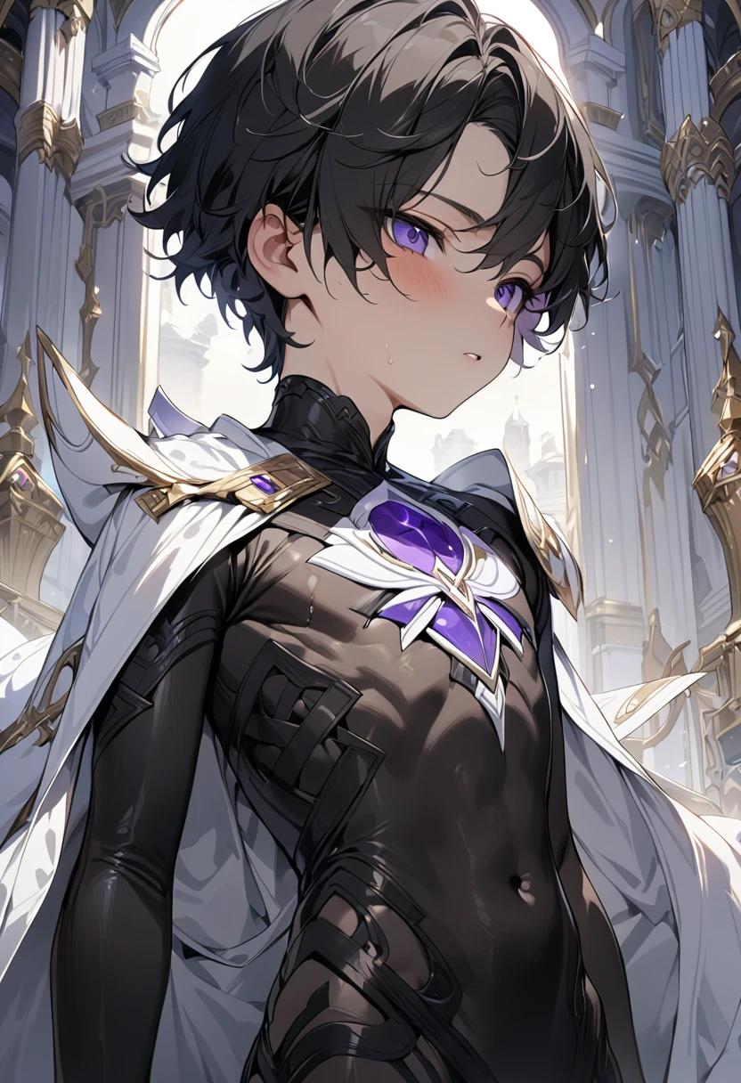 high quality,(best quality,4K,a high resolution,masterpiece:1.2),super detailed,(1 boy),(solo),juvenile,(Male juvenile),  boy,black hair,black bodysuit with purple pattern,short hair,purple eye,single photo,the white temple of light,magnificent palace background,Wearing a white cape behind