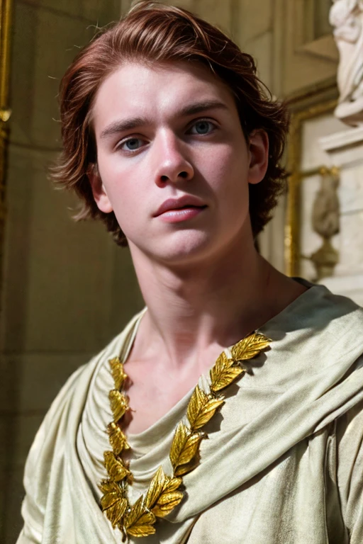 Portrait of a handsome young man, Roman emperor, red hair, wearing Roman emperor clothes, handsome boy, magnanimous, power, ruler, symmetry, boy in the center, focus on the boy, classical era, ancient Rome, luxury, the most handsome boy, symmetry, male beauty, golden laurel wreath, Caesar, pale skin