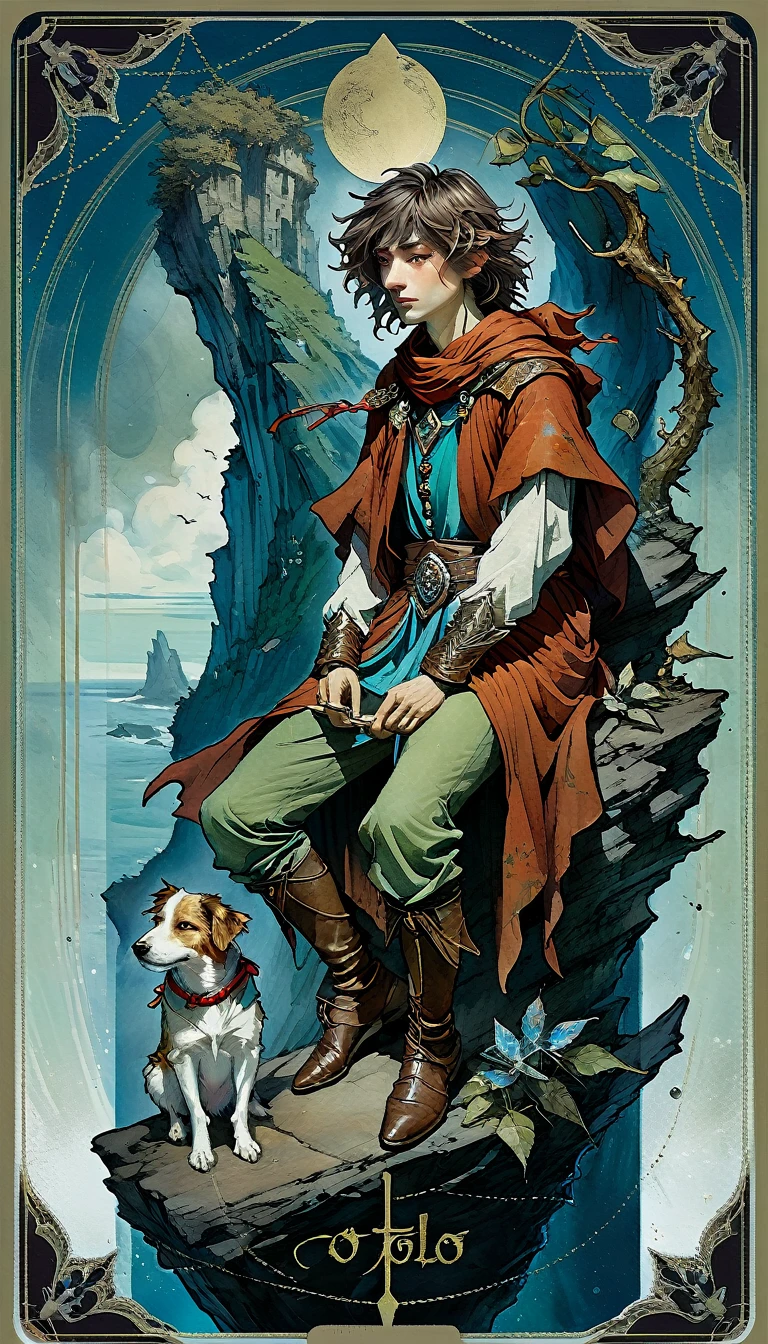 tarot card, O Tolo, a young man in colorful clothes on the edge of a cliff accompanied by a dog, ((text at the bottom of the Letter: "O Tolo"))de Brian Froud e Carne Griffiths e Wadim Kashin, intricate details, oil 