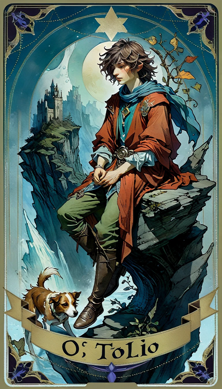 tarot card, O Tolo, a young man in colorful clothes on the edge of a cliff accompanied by a dog, ((text at the bottom of the Letter: "O Tolo"))de Brian Froud e Carne Griffiths e Wadim Kashin, intricate details, oil 