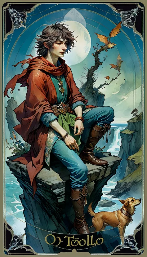 tarot card, o tolo, a young man in colorful clothes on the edge of a cliff accompanied by a dog, ((text at the bottom of the let...