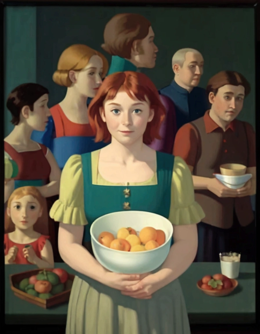 a painting of a woman holding a bowl of fruit in front of a group of people, inspired by George Tooker, inspired by Grant Wood, by George Tooker, inspired by Jens Ferdinand Willumsen, inspired by Stevan Dohanos, inspired by Mark Gertler, the potatoes eaters, ( ( ( grant wood ) ) )