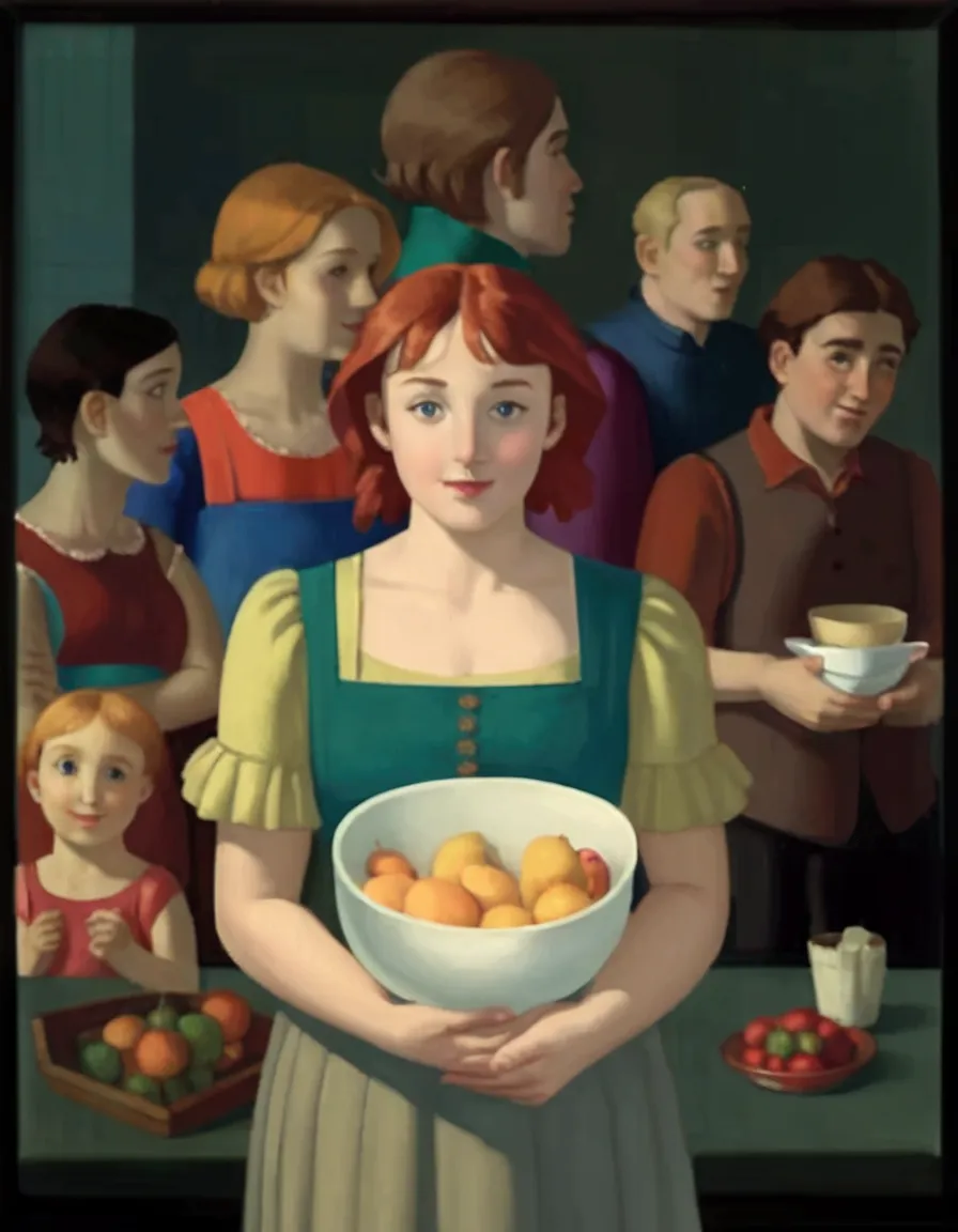 a painting of a woman holding a bowl of fruit in front of a group of people, inspired by george tooker, inspired by grant wood, ...